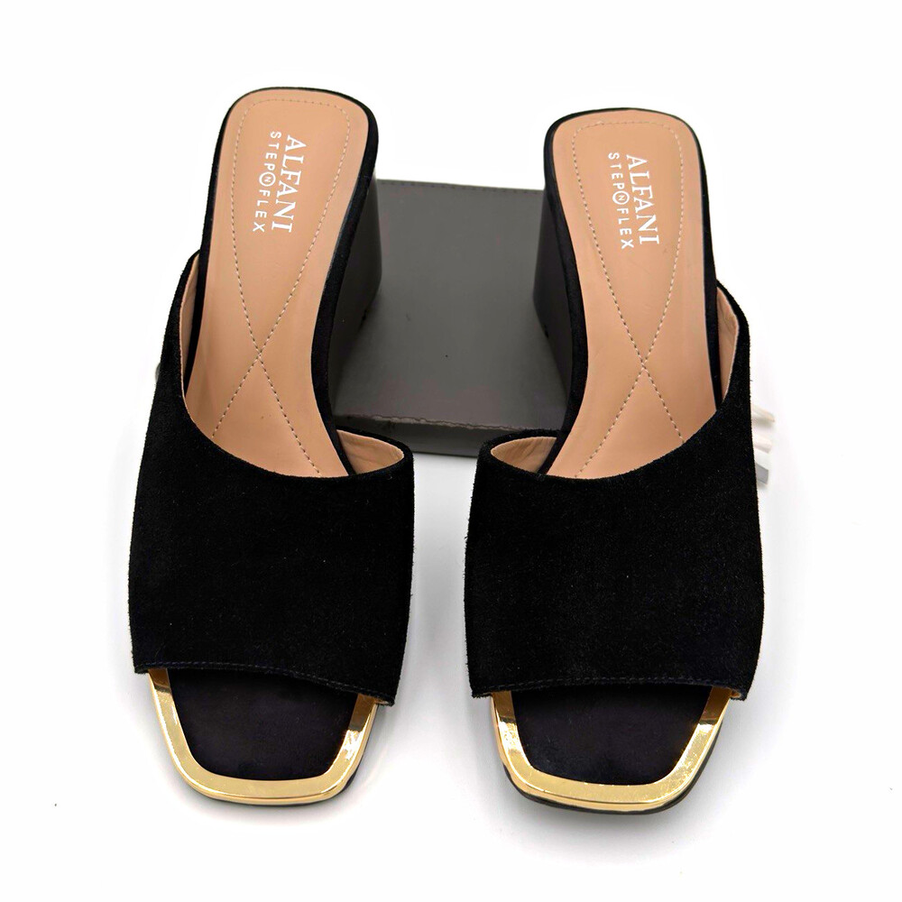 Alfani Step 'N Flex Women's Black Suede Slide Wedge Sandals Metallic Toe 8